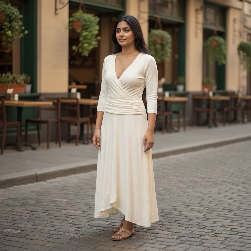 CITRINE Cream Stretch Faux Wrap Midi Dress S